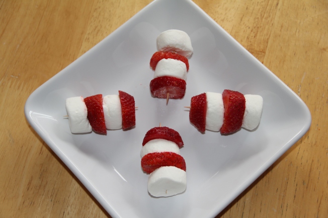 Cat in the Hat Hat Kabobs, with strawberries and marshmallows