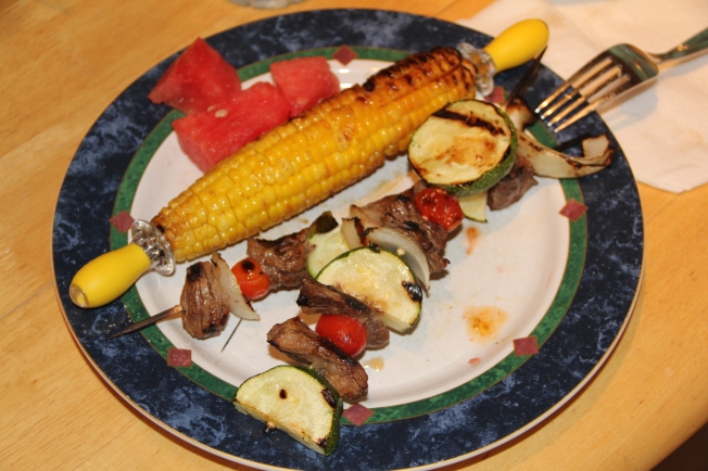 Summertime eats: shish kebabs, grilled corn and watermelon