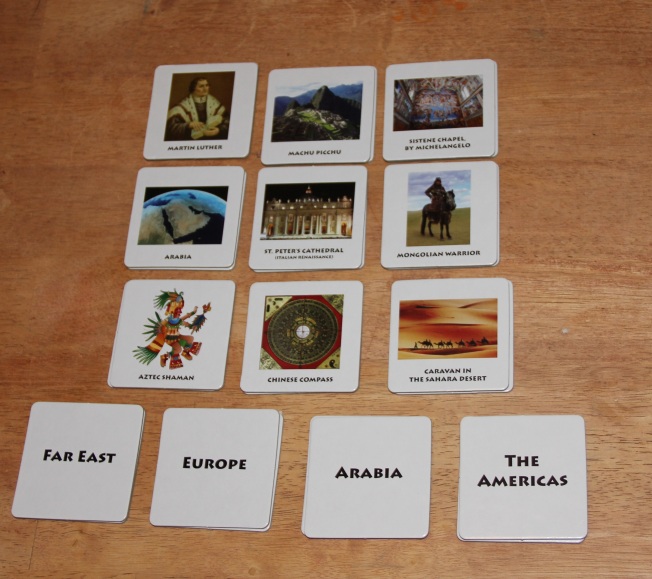 The cards contain a great variety of subjects in Medieval History: people, places, concepts. In addition to classic Memory, game players can also play a Categories game and match cards to regions.